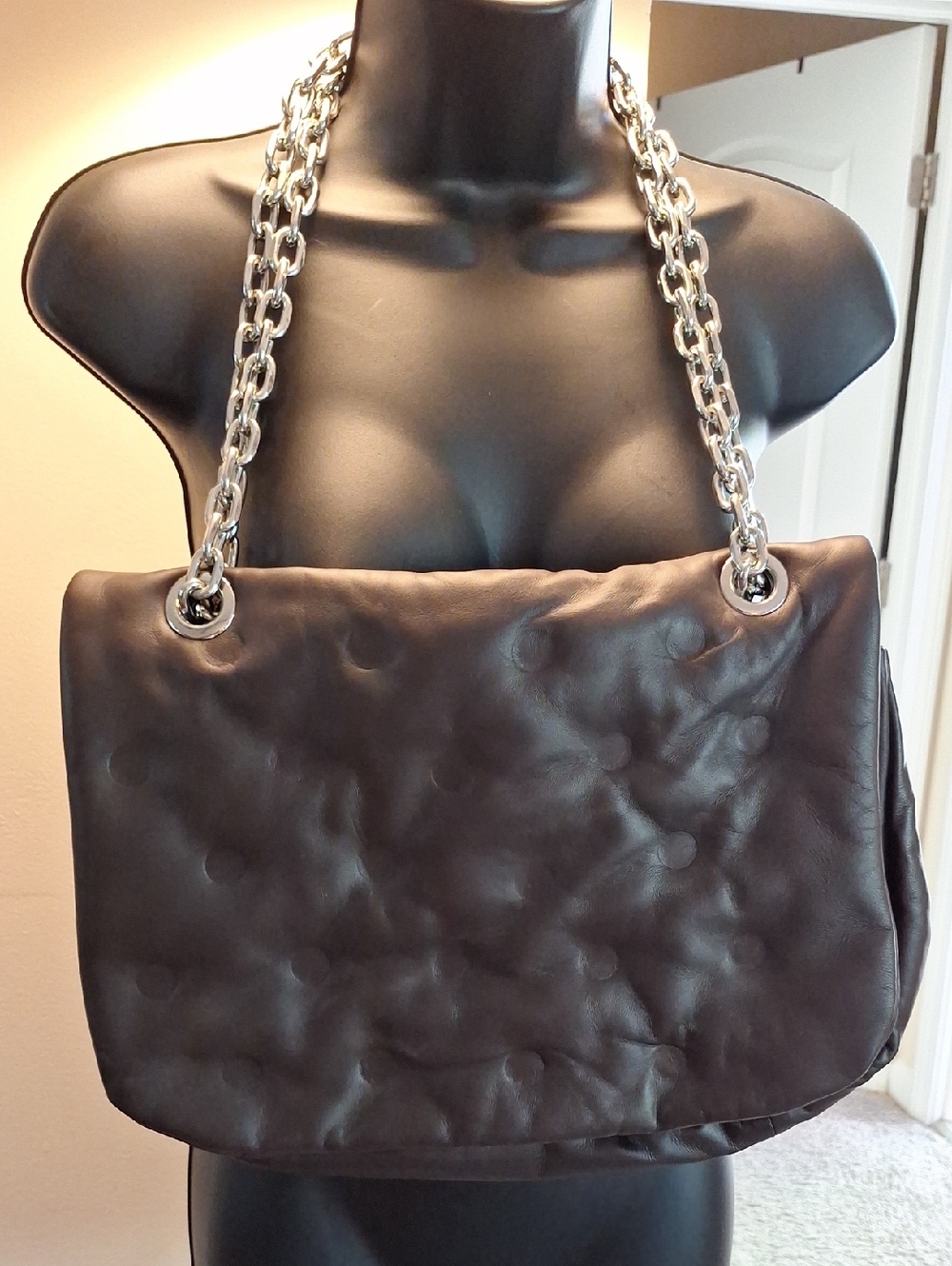 Stylish Chocolate brown Genuine Leather Quilted Chain-Handle Shoulder Bag.